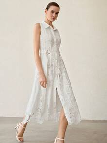 MOTF PREMIUM FASHIONABLE DESIGN SOLUBLE LACE DRESS, WAIST-DEFINING SLIMMING FLORAL DRESS FOR WOMEN - White - View 6