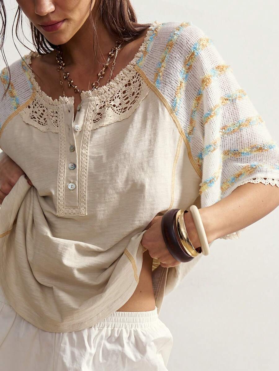 Bohemela Áo thun nữ tay ngắn dáng rộng, màu trơn, cổ kéo khóa nửa thân, chất liệu dệt kim, kiểu dáng thường ngày. - Màu be - Xem 1