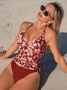 Swim Lushoire Women's Sexy Spaghetti Strap Bikini Set, Casual Vacation Elegant Pattern, Tie-Neck Crop Top And Triangle Bottoms Tankini Swimsuit, Spring/Summer - Multicolor - View 4