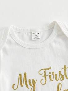 SHEIN 新生儿宝宝我的第一个斋月字母和月亮图案圆领短袖柔软舒适针织白色连体衣，适合春夏穿着，百搭实用 - 白色 - 查看 4