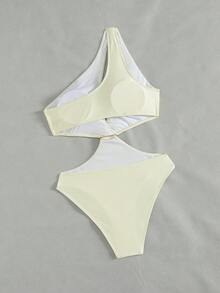 Swim Chiccia Ladies' Spring/Summer Beach Music Festival One Shoulder Hollow Fold Metal Jewelry Fashionable And Elegant One Piece Integrated Swimsuit - Apricot - View 2