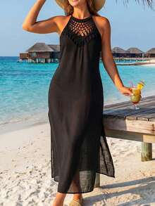 Swim Lushoire Women's Crochet Hollow Out Split Beach Cover Up Dress - Black - View 1