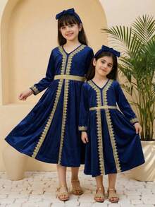 Girls' Long Sleeve Navy Blue Dress With Gold Floral Lace V-Neck, Front Embroidered Ribbon Decor, Cinched Waist With Gold Belt, Enhancing The Luxurious Look, Suitable For Performance, Party, Outing - Navy Blue - View 5
