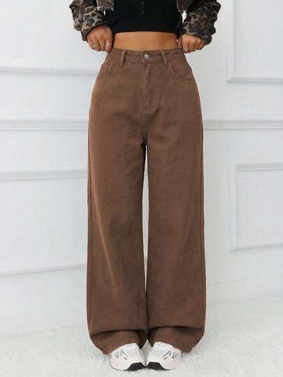 SHEIN Tall Women's Leopard Print Loose Straight Leg Jeans