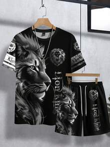 Manfinity LEGND 男士狮子印花圆领短袖T恤和抽绳腰斜插口袋短裤套装