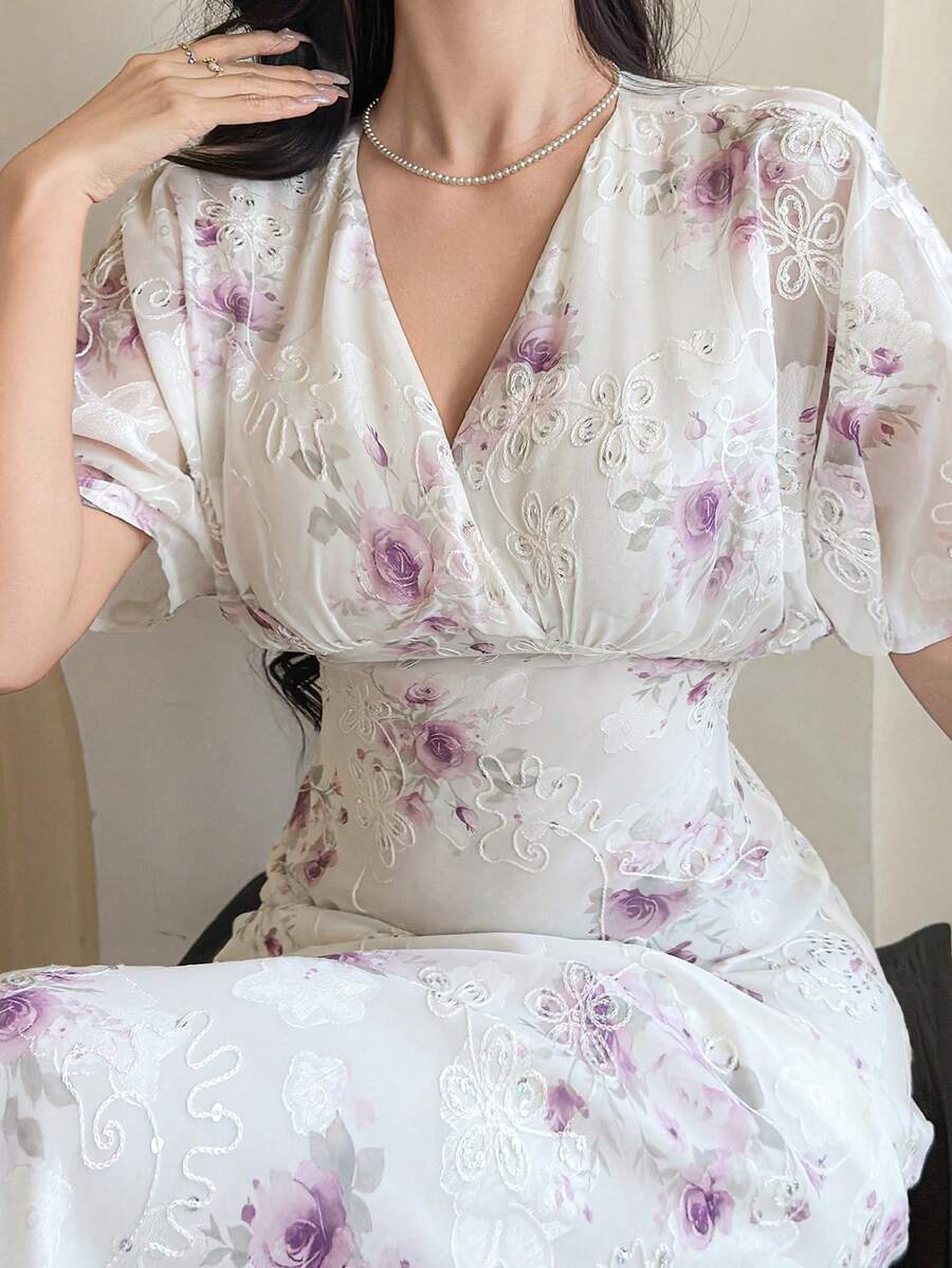 DAZY 女士印花重叠V领泡泡袖优雅连衣裙 - 紫色 - 查看 1
