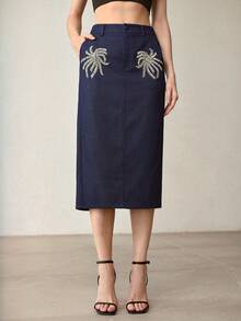 MOTF PREMIUM WOMEN'S RHINESTONE EMBELLISHED DENIM BLUE MIDI SKIRT - Blue - View 4