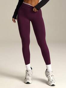 Contrast Waistband Seamless Knit Sports Leggings - Bold Plum - View 5
