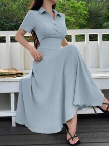 Modelyn Đầm dệt kim dáng midi ôm sát, tay ngắn, khóa kéo nửa thân, màu trơn dành cho nữ - cái hồ màu xanh - Xem 6