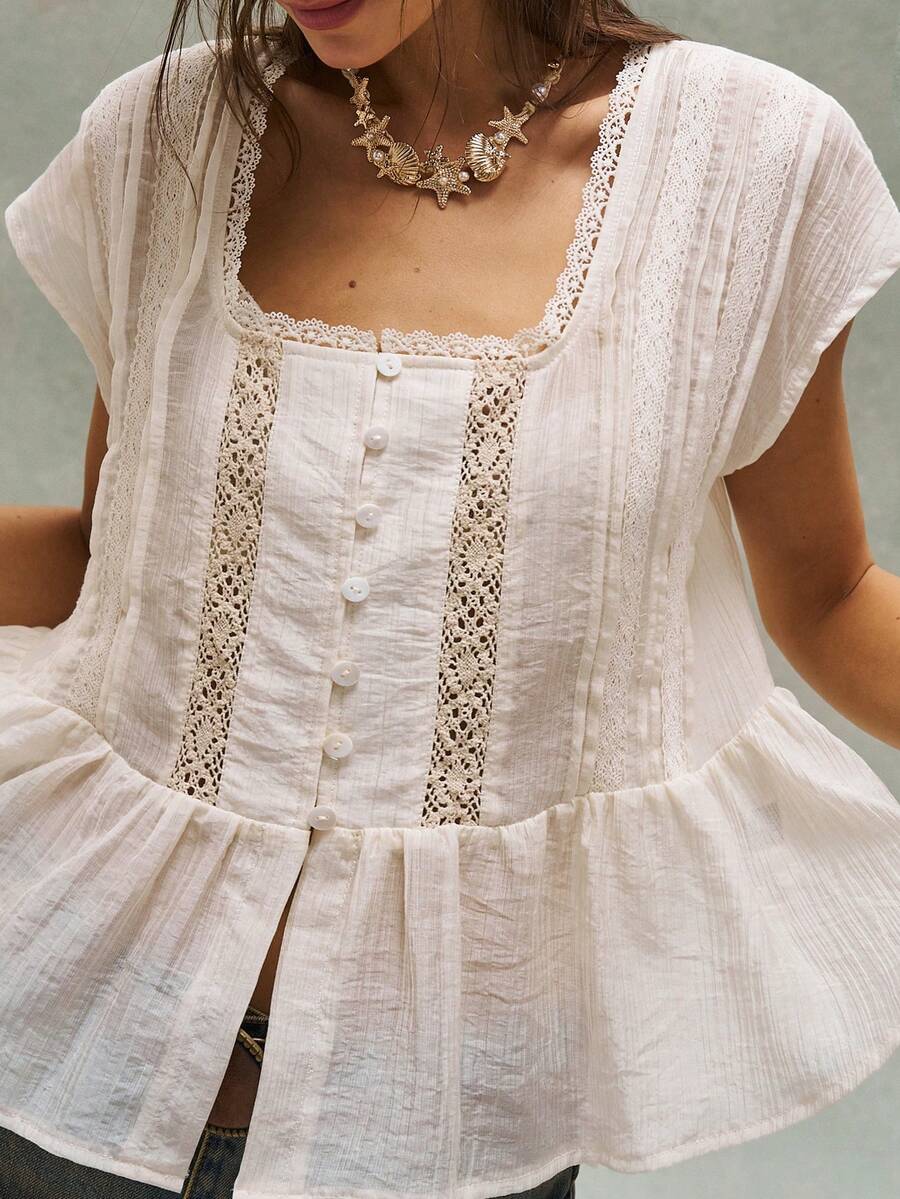 Bohemela Casual Solid Color Woven Patchwork Lace Trim Loose Short Sleeve Women Blouse - Beige - View 1