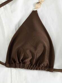 Swim SXY Ladies' Spring/Summer Beach Music Festival Brown Shiny Fabric Chain Metal Jewelry Thong Neck Hanging Fashion Elegant Bikini Set - Brown - View 4