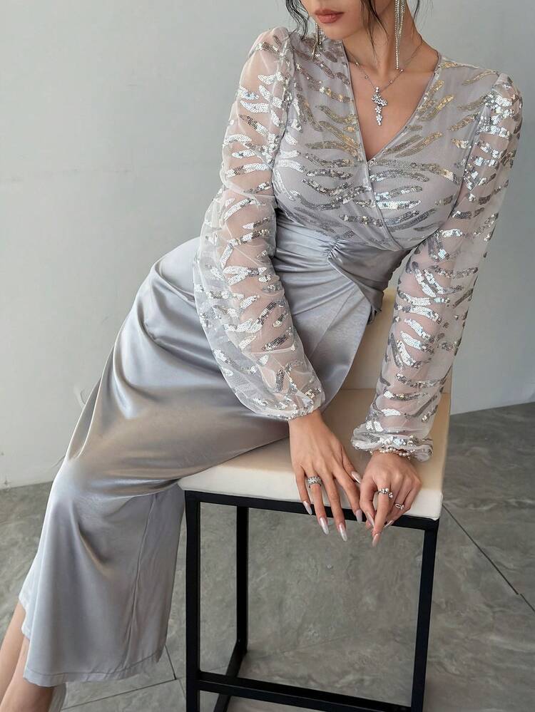 Women's Elegant Party Sequin & Mesh Patchwork Dress Sundress