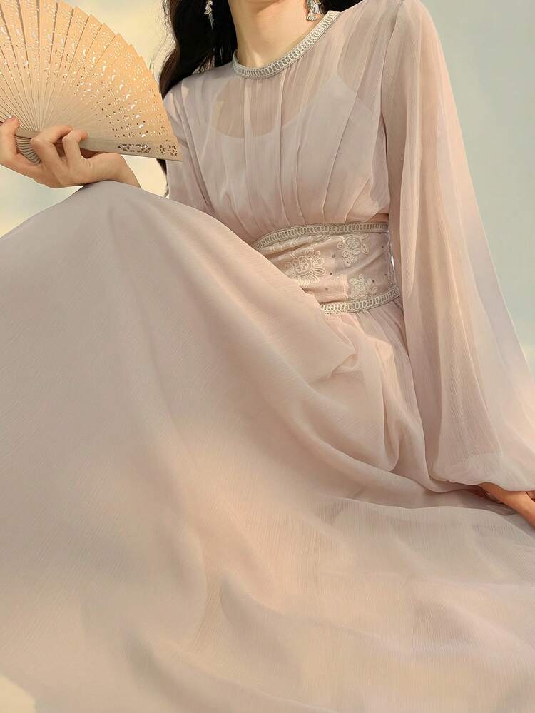 Women's Elegant Lantern Sleeve Patchwork Embroidery Sequin Waist Dress, Suitable For Party, Spring/Summer/Autumn Sundress