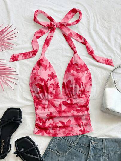 Soleia Blusa de tirantes con estampado floral hawaiano casual de vacaciones para mujer