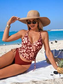 Swim Lushoire Women's Sexy Spaghetti Strap Bikini Set, Casual Vacation Elegant Pattern, Tie-Neck Crop Top And Triangle Bottoms Tankini Swimsuit, Spring/Summer - Multicolor - View 6