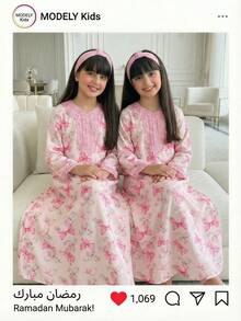 SHEIN Young Girl Embroidered Butterfly Print Casual Loose Long Sleeve Dress For Daily Wear Flower Girl For Wedding - Pink - View 3