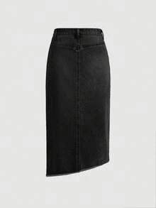 SHEIN MOD Women's Casual Sexy Denim Mini Skirt With Front Slit And Asymmetrical Hem, Blue - Black - View 2