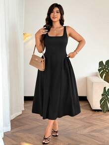 Easura 大码女士优雅无袖褶皱A字连衣裙，适合通勤，春夏穿着 - 黑色 - 查看 5