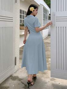 Modelyn Đầm dệt kim dáng midi ôm sát, tay ngắn, khóa kéo nửa thân, màu trơn dành cho nữ - cái hồ màu xanh - Xem 2