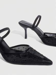 CUCCOO SZL Pointed Toe Backless High Heel Black Mesh Rhinestone Elastic Band Women's Stilettos, Fashionable, Sexy, Elegant French Style Open Toe Pumps Valentine's Day - Black - View 6