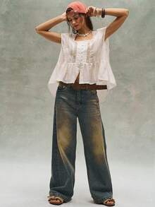 Bohemela Casual Solid Color Woven Patchwork Lace Trim Loose Short Sleeve Women Blouse - Beige - View 9