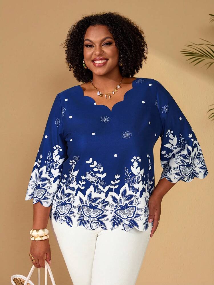 Plus Size Women's Floral Print Rounded Hem Round Neckline Nine-Quarter Sleeve Blouse For Summer Mother's Day/ Vacation Vacations Women Holidays For Women Beach Vacations For Women Boho Top Plus Size Plus Size Blouses For Women Summer Top Summer Summer Spring Spring Women Spring Beach Vacations For Women Bohemian