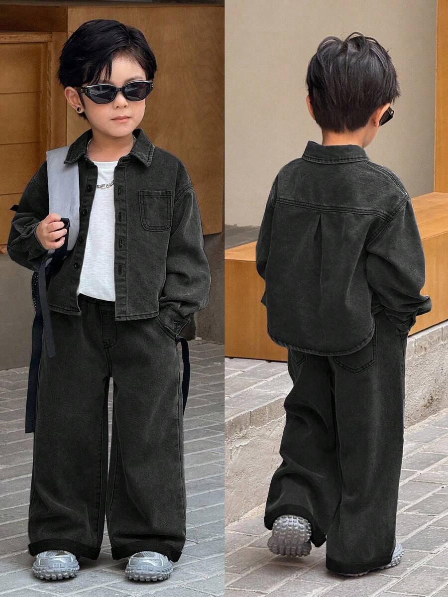 SHEIN 2pcs Young BoyGray Denim Lapel Long Sleeve Shirt And Loose Fit Pants Set - Black - View 1
