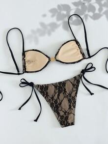 Swim Chiccia 女士沙滩音乐节春夏蕾丝优雅海星饰品露背系带性感比基尼套装 - 黑色 - 查看 2