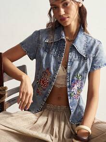 Bohemela 女士休闲花卉刺绣串珠装饰衬衫，夏季