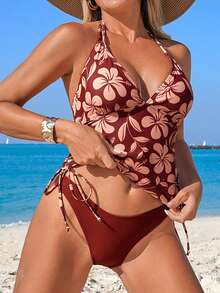 Swim Lushoire Women's Sexy Spaghetti Strap Bikini Set, Casual Vacation Elegant Pattern, Tie-Neck Crop Top And Triangle Bottoms Tankini Swimsuit, Spring/Summer - Multicolor - View 7