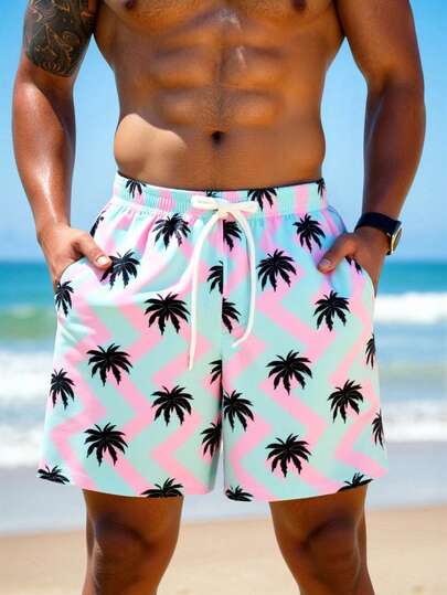 Manfinity Swimmode Pantalones cortos casuales de playa con bolsillos en diagonal, cordón en la cintura para hombres