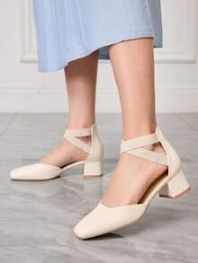 Sleekvia Zapatos de mujer con punta cuadrada, tacón alto grueso, beige, moda, banda elástica hueca, elegante, versátil, cómodo, zapatos de tacón alto para mujer, zapatos huecos