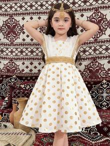 SHEIN Young Girl Gold Polka Dot V-Neck Sequin Ribbon Belt Decor Elegant Sleeveless Dress - White - View 7