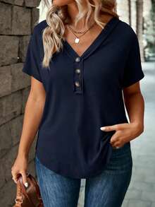 Selamara Nueva camiseta básica casual de manga corta con cuello en V y 3 botones, talla grande - Azul - Ver 1