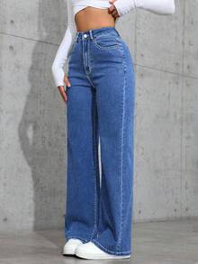 SHEIN Teen Girl Casual Straight Leg Jeans With Slant Pockets - Medium Wash - View 2