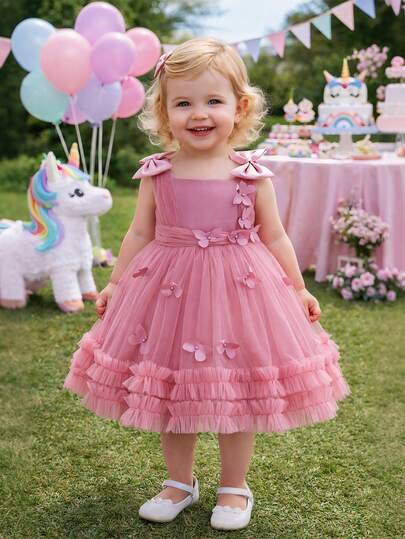 Vestido de Princesa Sin Mangas con Encaje de Mariposas Tridimensionales para Bebé Niña, Falda de Tul Elegante y Dulce, Vestido para Damita de Honor, Adecuado para Fiestas de Cumpleaños, Bodas, Banquetes y Actuaciones