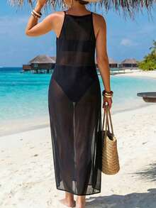 Swim Lushoire Women's Crochet Hollow Out Split Beach Cover Up Dress - Black - View 2