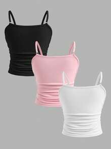 SHEIN 少女修身休闲简约舒适三件套吊带背心套装 - 彩色 - 查看 4