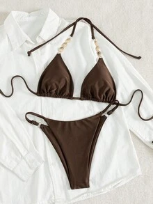 Swim SXY Ladies' Spring/Summer Beach Music Festival Brown Shiny Fabric Chain Metal Jewelry Thong Neck Hanging Fashion Elegant Bikini Set - Brown - View 5
