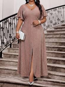 Fleurora 春夏秋冬优雅派对婚礼情人节鸡尾酒会音乐会/音乐节棕色编织重叠领喇叭开衩荷叶袖长款连衣裙大码 - 藕粉色 - 查看 1