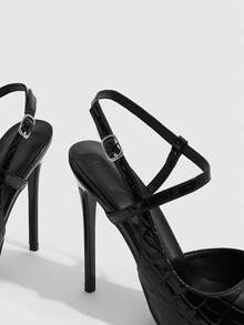 CUCCOO SZL Giày cao gót nữ màu đen kiểu slingback với khóa trang trí. - Đá đen - Xem 6