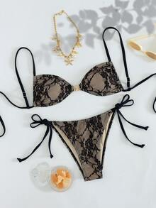 Swim Chiccia 女士沙滩音乐节春夏蕾丝优雅海星饰品露背系带性感比基尼套装 - 黑色 - 查看 3