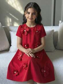 SHEIN Tween Girl Elegant Red Floral Summer Party Dress, Fashionable Round Neck Short Sleeve Red Dress With Flowers For Tween Girl, Party Wear Dress - Burgundy - View 3
