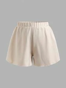 SHEIN 2件套少女休闲纹理面料蝴蝶结露背吊带背心和短裤套装 - 杏色 - 查看 4