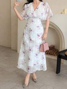 DAZY 女士印花重叠V领泡泡袖优雅连衣裙 - 紫色 - 查看 2