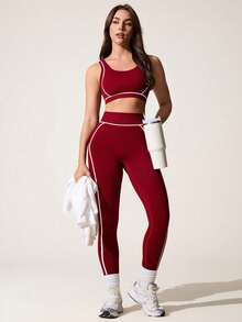 Core Rhythm 女士酒红色多巴胺风格背心和紧身裤套装，适合健身、瑜伽和户外活动 - 酒紅色 - 查看 3