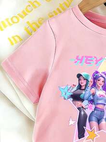 3件套女童圆领短袖T恤，适合4-7岁女孩，款式时尚：紫色女孩团体图案T恤、团体爱心印花T恤、粉色女孩团体图案T恤——让每个女孩都成为最闪亮的明星 - 彩色 - 查看 5