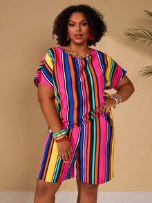 EMERY ROSE Bộ trang phục thường ngày dành cho nữ cỡ lớn, phối màu patchwork gồm áo tay ngắn và quần short. - Nhiều màu - Xem 4