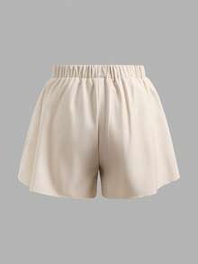 SHEIN 2件套少女休闲纹理面料蝴蝶结露背吊带背心和短裤套装 - 杏色 - 查看 3