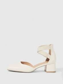 Sleekvia Zapatos de mujer con punta cuadrada, tacón alto grueso, beige, moda, banda elástica hueca, elegante, versátil, cómodo, zapatos de tacón alto para mujer, zapatos huecos